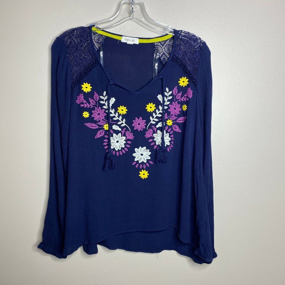 Taylor & Sage Womens Blouse Size Small Blue Long Sleeve Peasant‎ Boho Semi Sheer